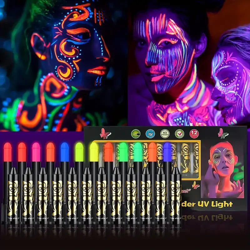 6Pcs UV Neon Face Painting Kit,Glow in the Dark Under UV Lights,Black Light Glow Makeup Kit,Washable Water Soluble Face Painting