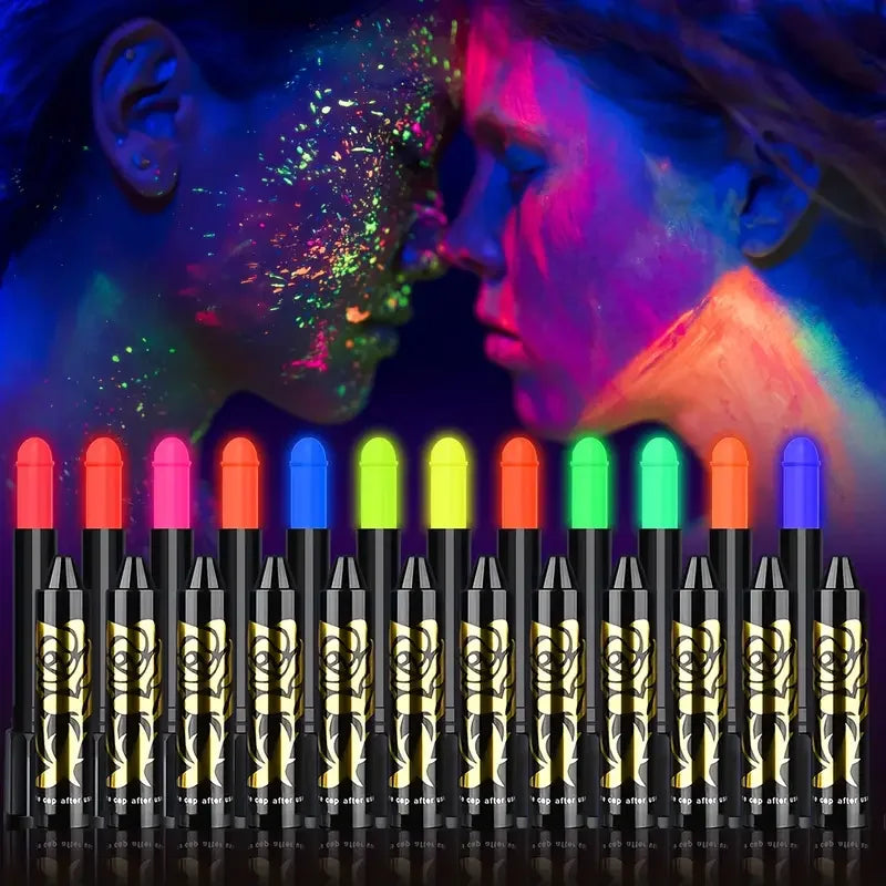 6Pcs UV Neon Face Painting Kit,Glow in the Dark Under UV Lights,Black Light Glow Makeup Kit,Washable Water Soluble Face Painting